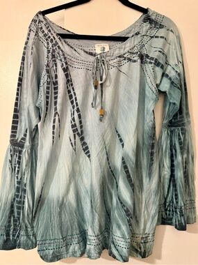 Blue Sky Organic Cotton Boho Tie-Dye Embroidered Bell Sleeve Top